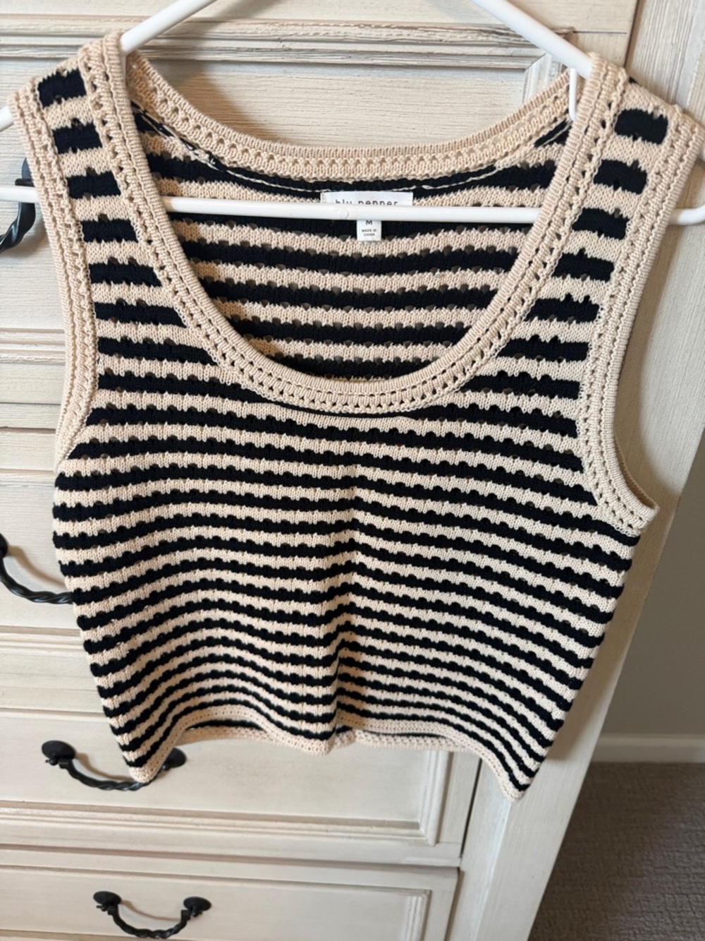 Blu Pepper Striped Black and Cream Crochet Tank Top